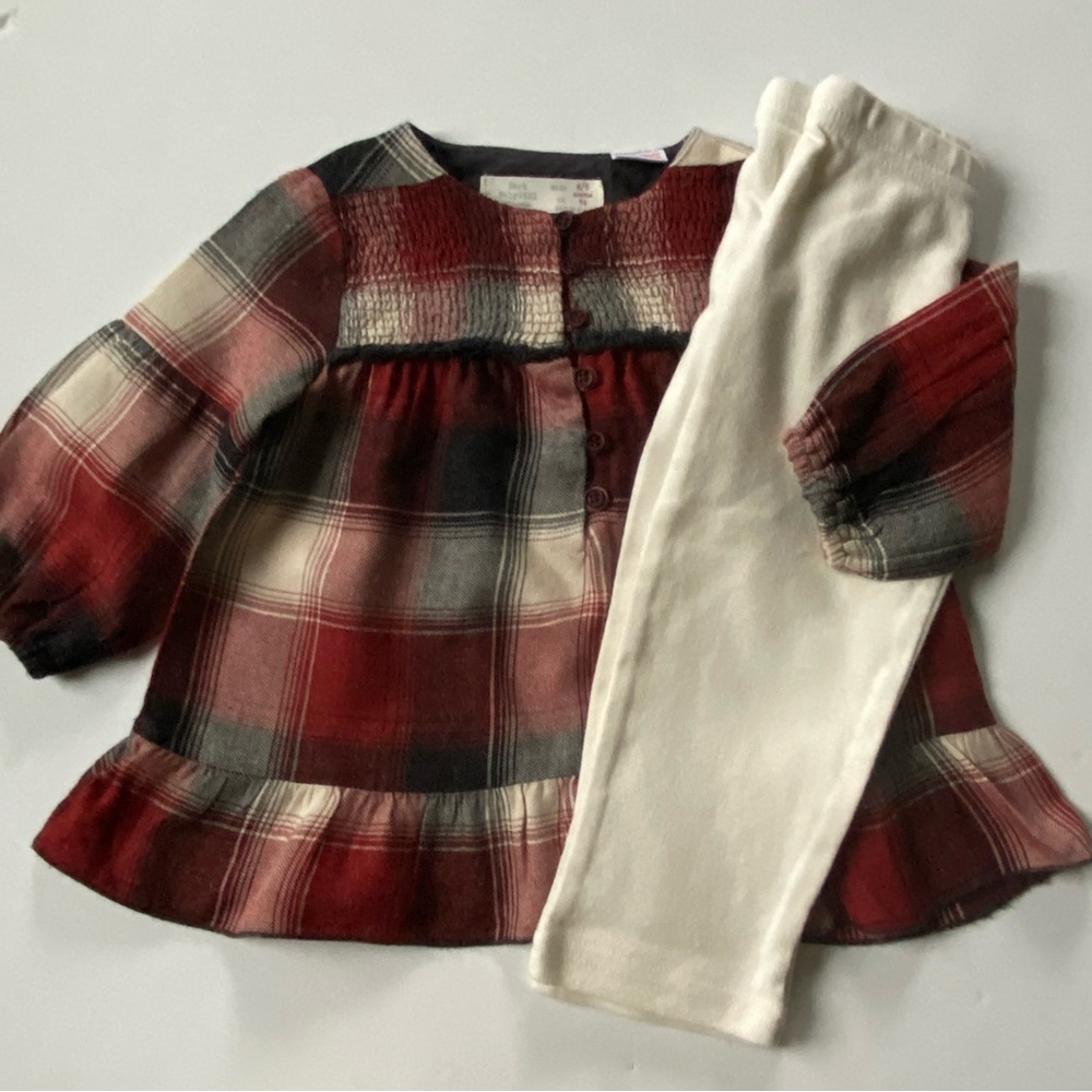 Zara Baby Girl Plaid Dress 6 9 Months Ivory Leggings Red Black Ruffle Smocking